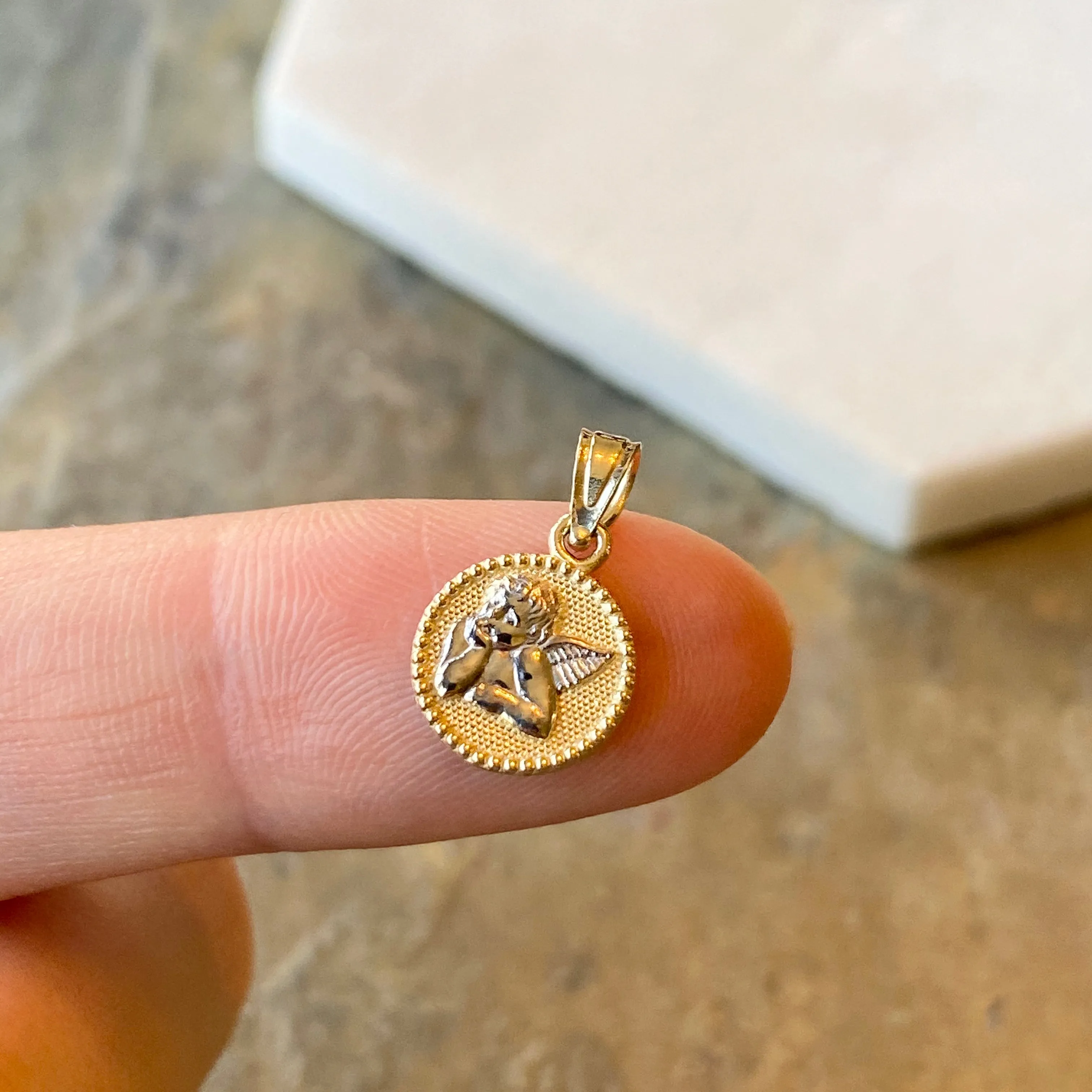 Two-Tone 10KT Yellow Gold   White Rhodium Guardian Angel Baby Round Medal Pendant Charm
