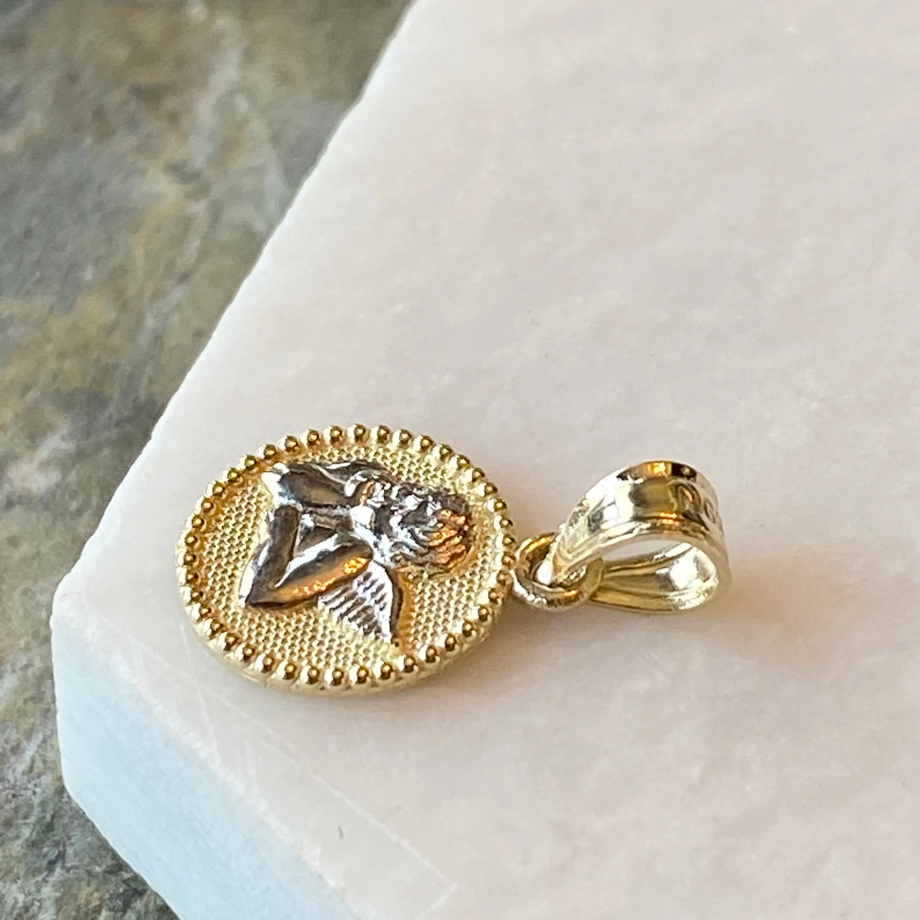 Two-Tone 10KT Yellow Gold   White Rhodium Guardian Angel Baby Round Medal Pendant Charm