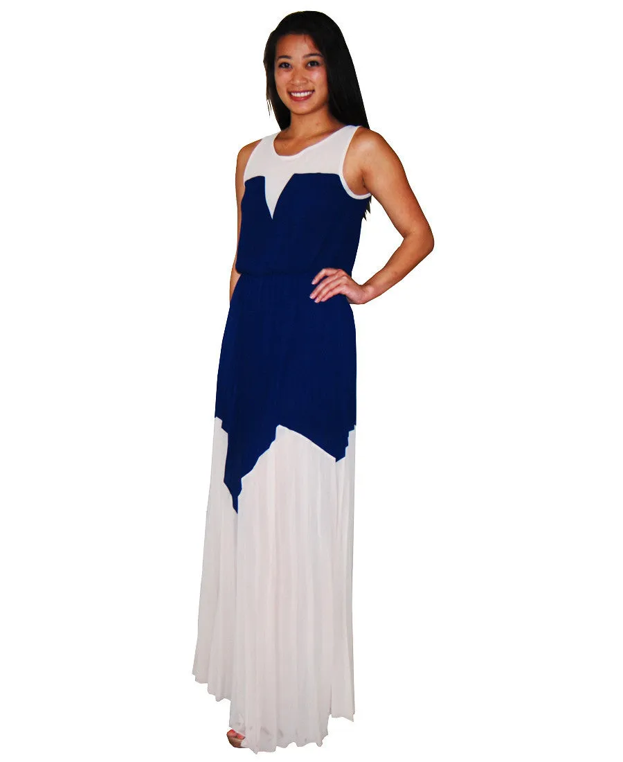 Two Tone Chevron Sleeveless Ruffle Maxi Dress Mocha Blue
