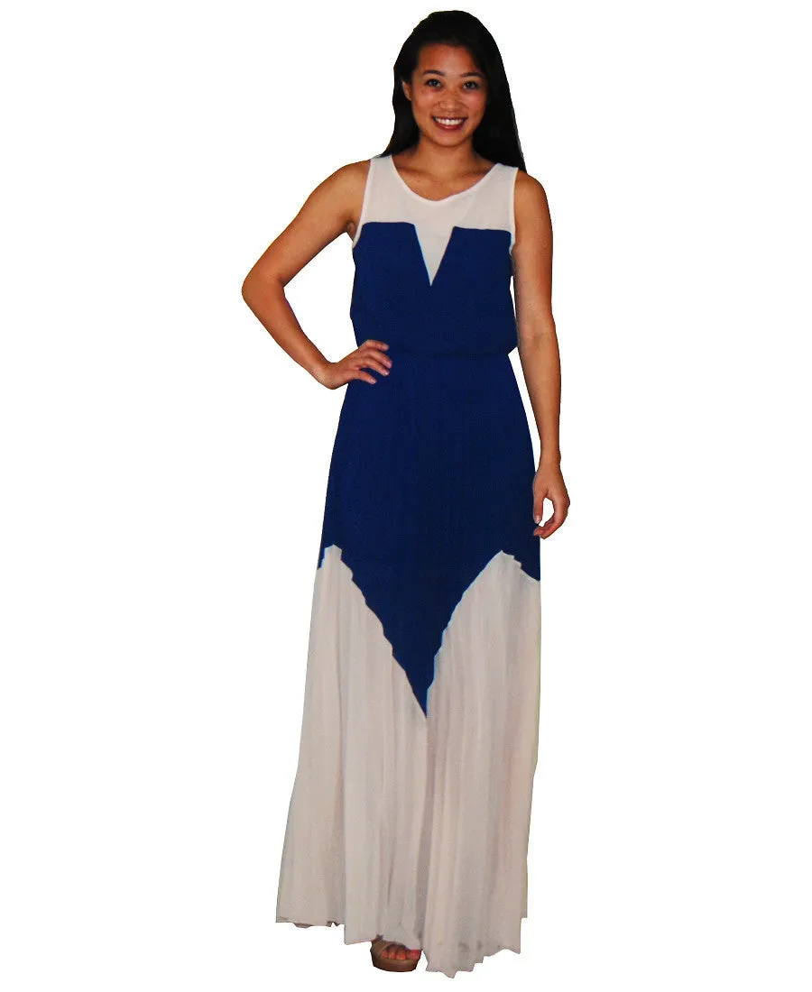 Two Tone Chevron Sleeveless Ruffle Maxi Dress Mocha Blue