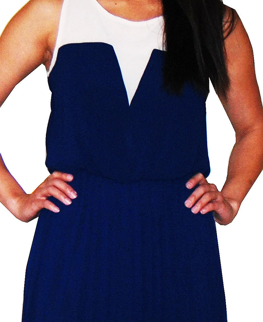 Two Tone Chevron Sleeveless Ruffle Maxi Dress Mocha Blue
