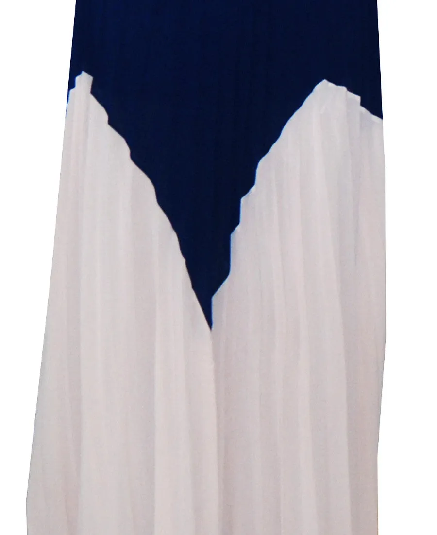 Two Tone Chevron Sleeveless Ruffle Maxi Dress Mocha Blue