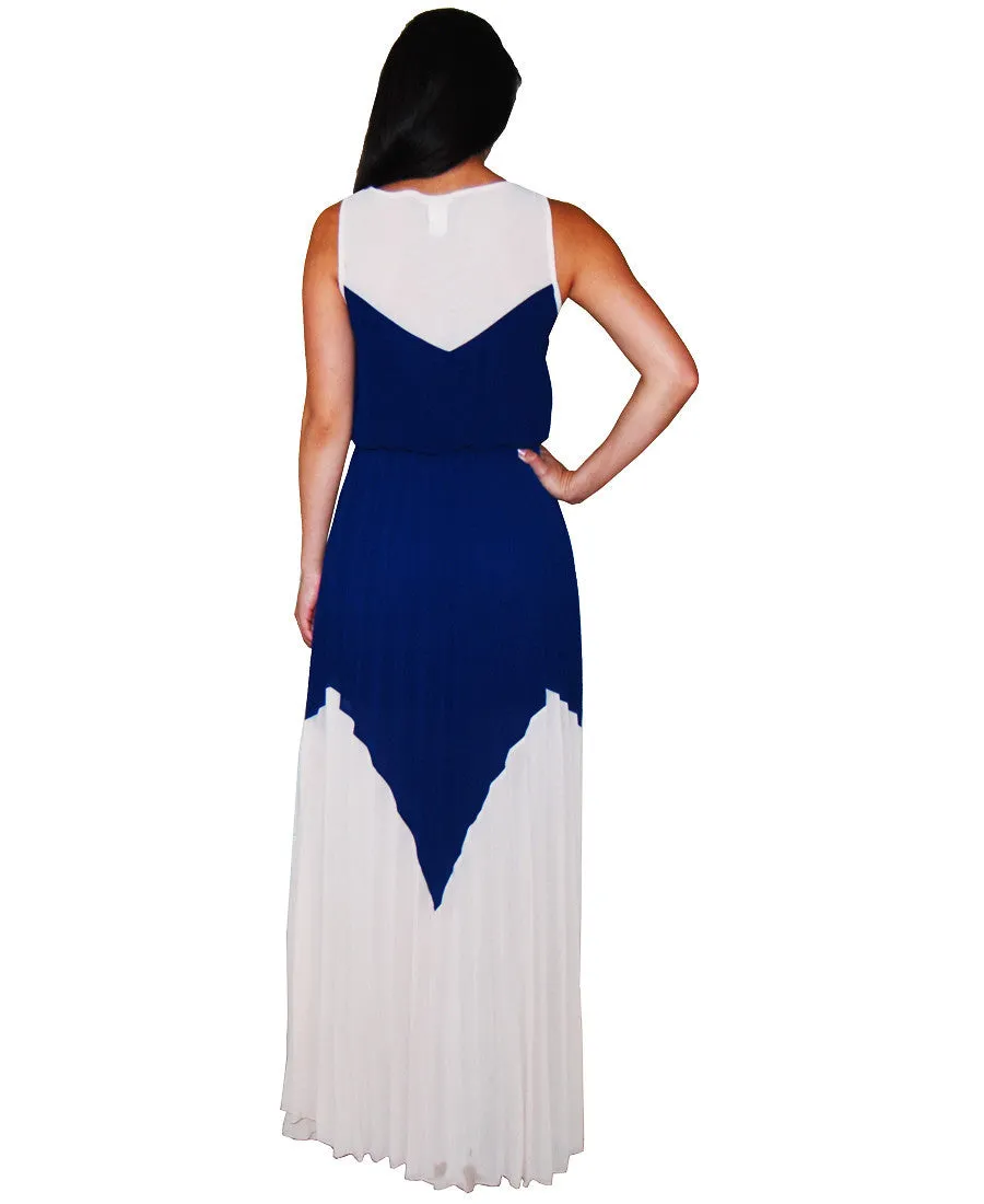 Two Tone Chevron Sleeveless Ruffle Maxi Dress Mocha Blue