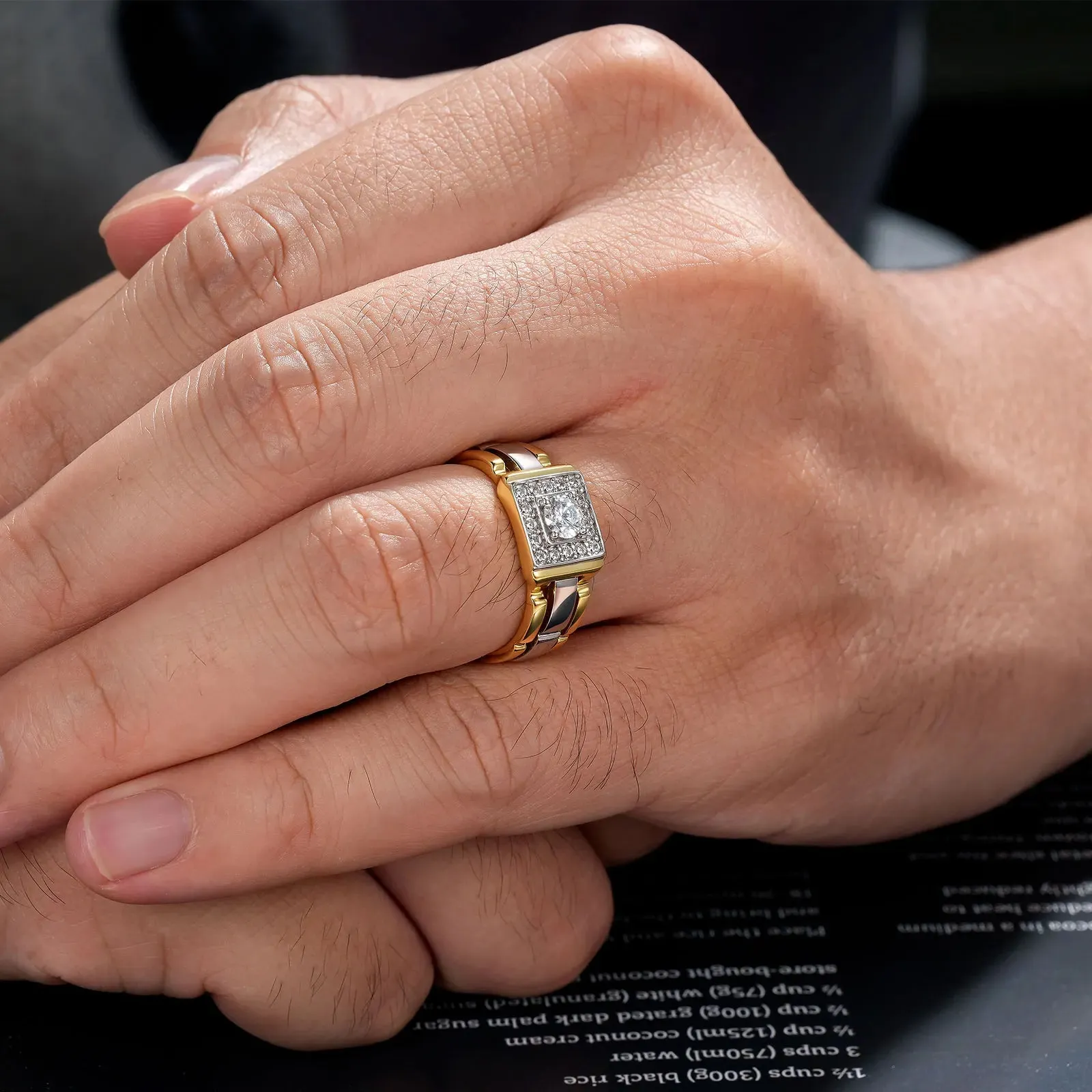 Two Tone Round Cut Halo Men's Ring