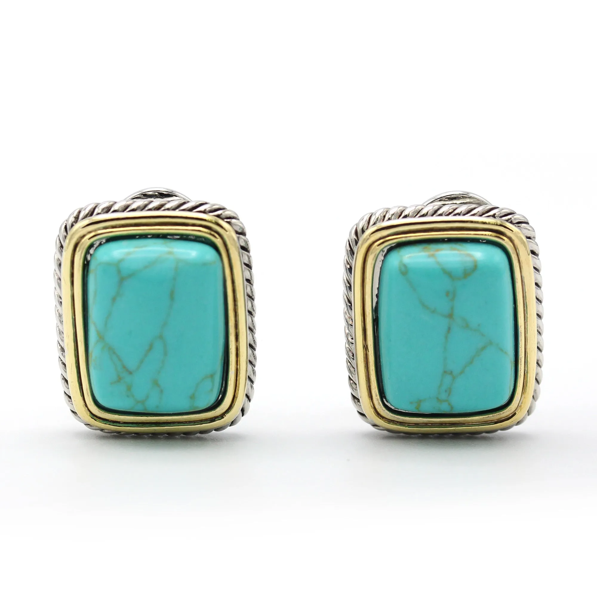 TWO TONE TURQUOISE ENGRAVED STUD EARRING#12504ERTQ (FB18)