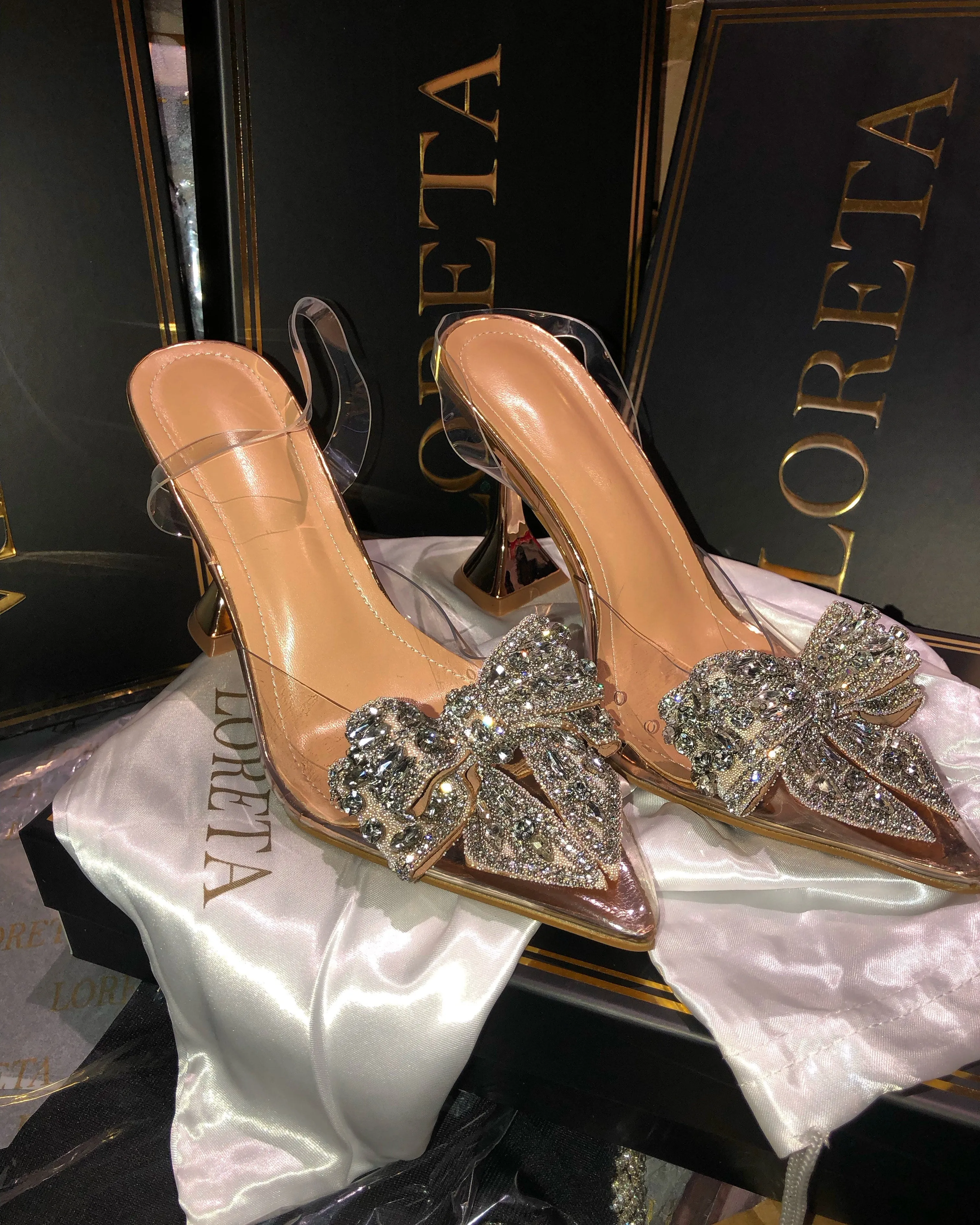 Vintage Look Bow Clear Heels