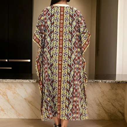 Women African Tribal Print Brown Kaftan Dress
