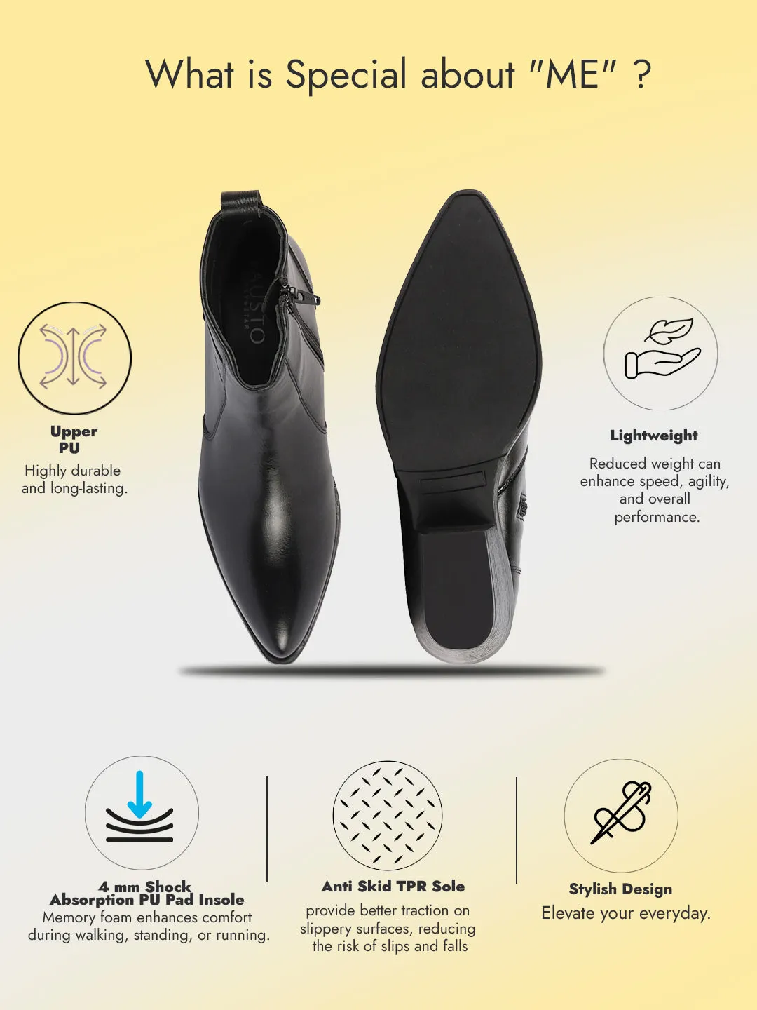 Women Black Mid Top Side Zipper Slip On Flared Heel Pointed Toe Chelsea Boots