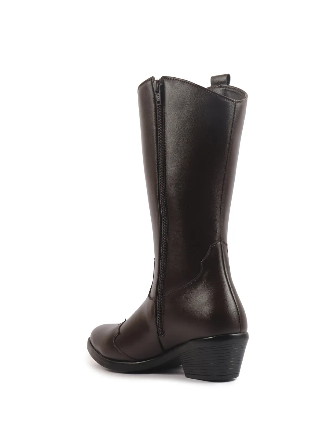 Women Brown Knee Length Side Zipper Closure Pointed Toe Flared Heel Long Boots for Winter|Outdoor Boots