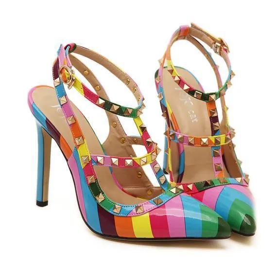 Women Shoes Fashion Pointed Toe High Heels Shoes Women Pumps Rainbow Rivets Sandals Zapatos Mujer Wedding Shoes 533